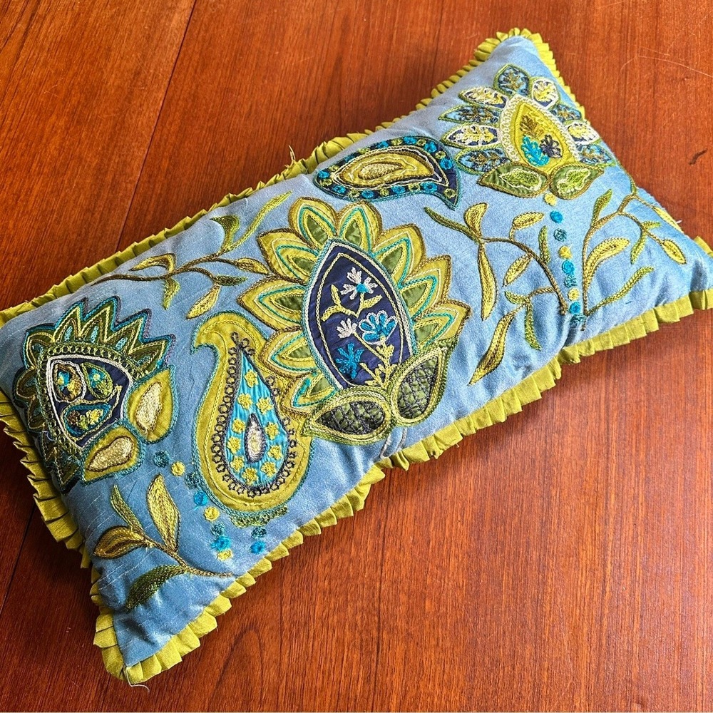 Pier 1 Embroidered Paisley Floral Lumbar Throw Pillow Blue Green Ruffle 21x12